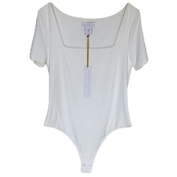 House Of Harlow White Short Sleeve Square Neck Bodysuit NWT Size Medium - Picture 1 of 6